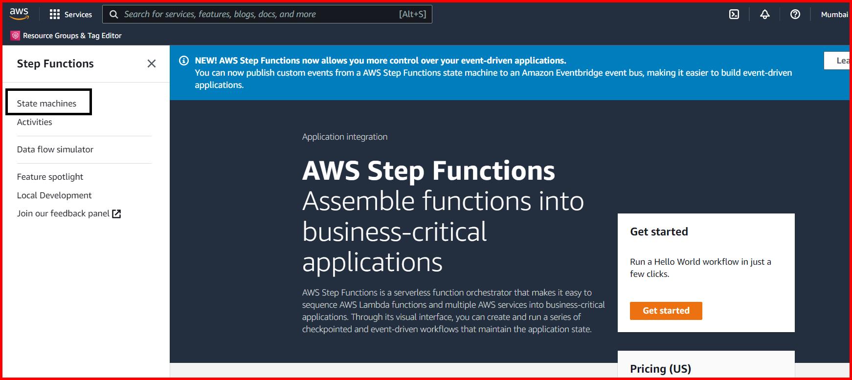 Picture showing the State machines menu in the step function services